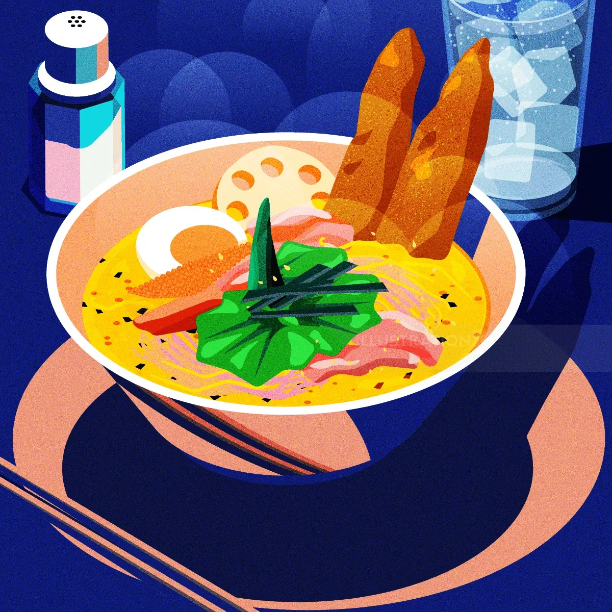 Ilustração de sopa de curry por Dongkyu Lim com pão, verduras e pauzinhos.
