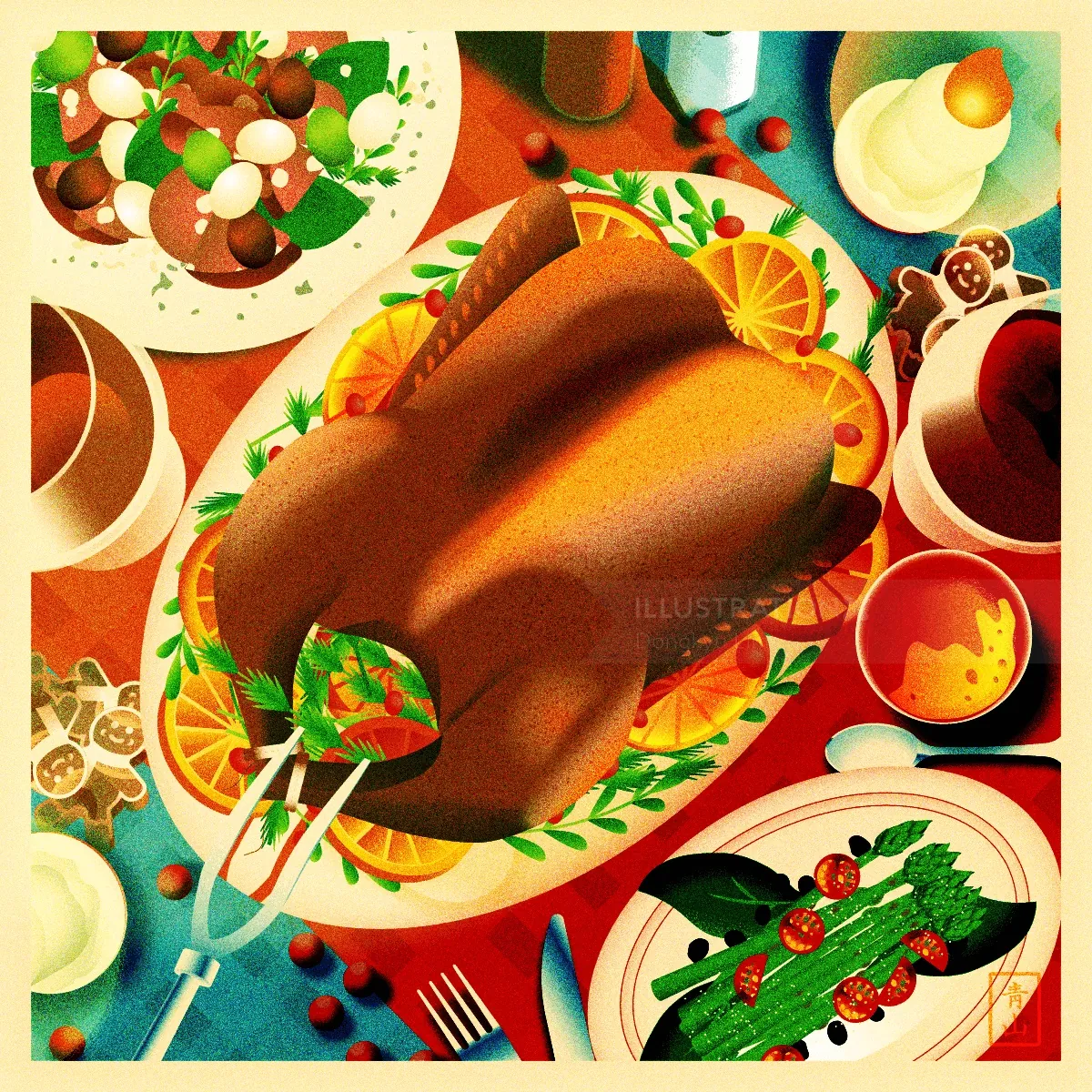Illustration von Dongkyu Lim: Ein gebratener Truthahn, umgeben von Weihnachtsgeschirr