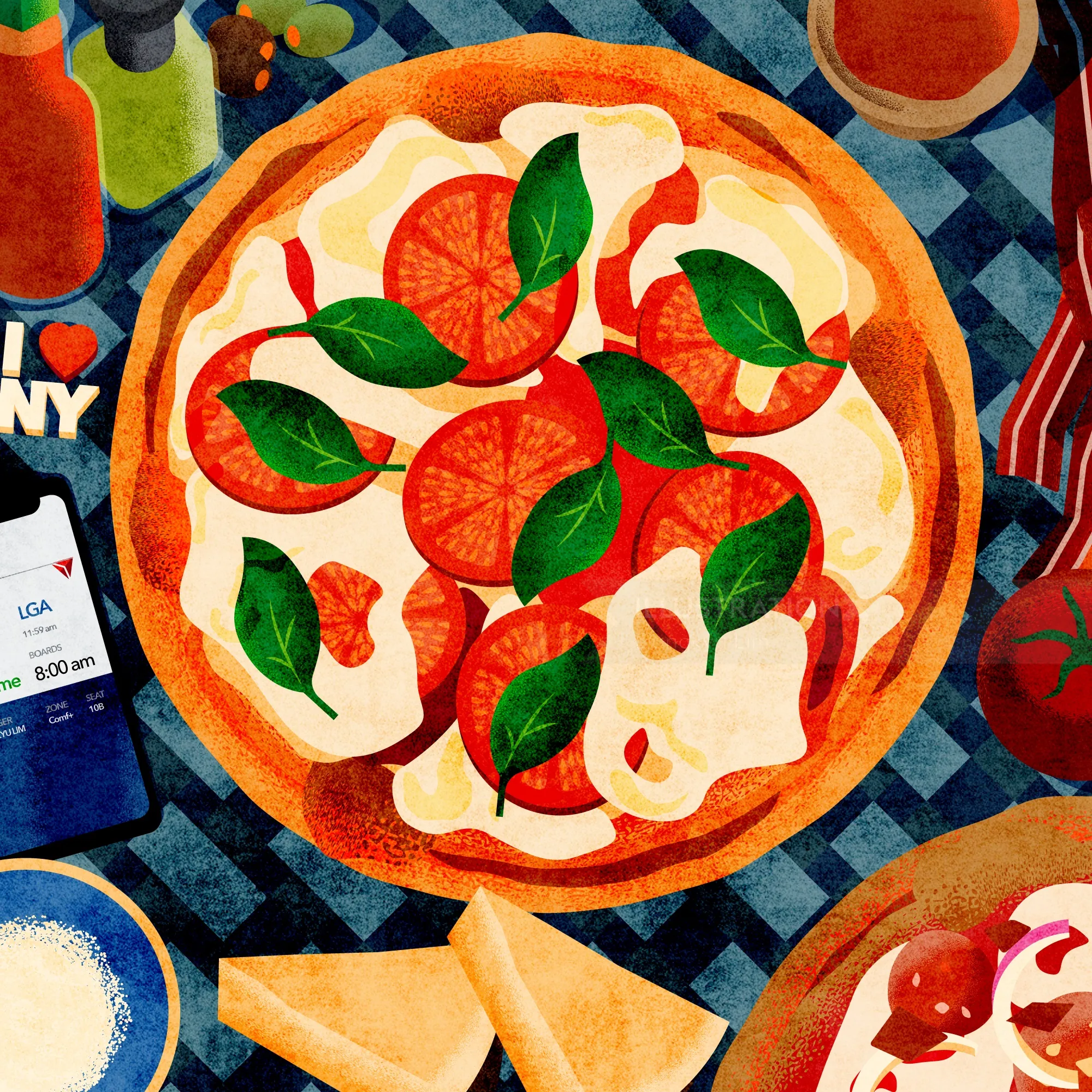 Illustrierte Pizza mit Tomaten und Basilikum von Dongkyu Lim