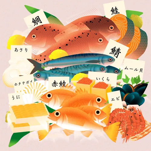 Dongkyu Lim illustration of colorful fish, shrimp, and Japanese seafood labels