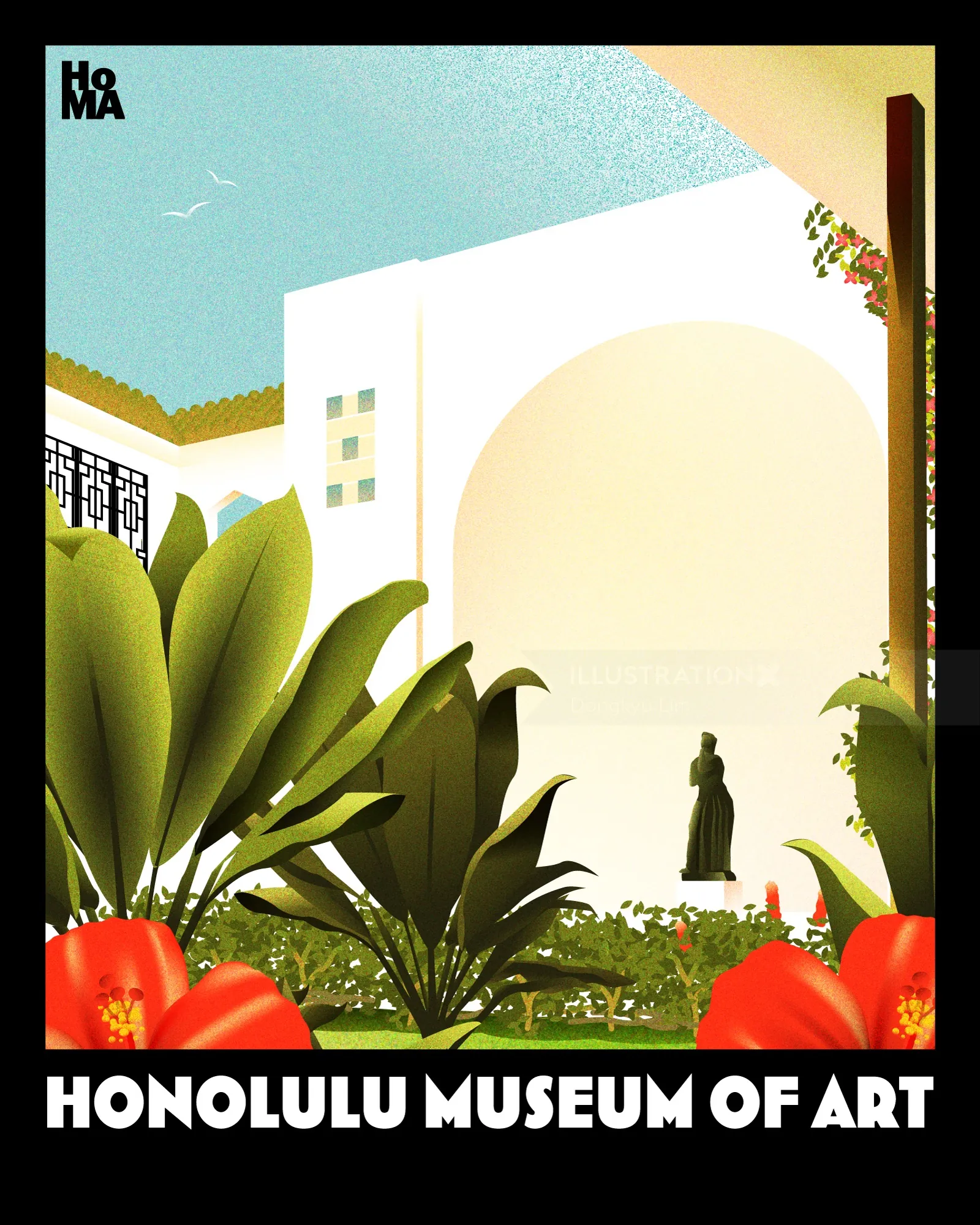 Pôster de Dongkyu Lim retratando um jardim tropical no Museu de Arte de Honolulu.