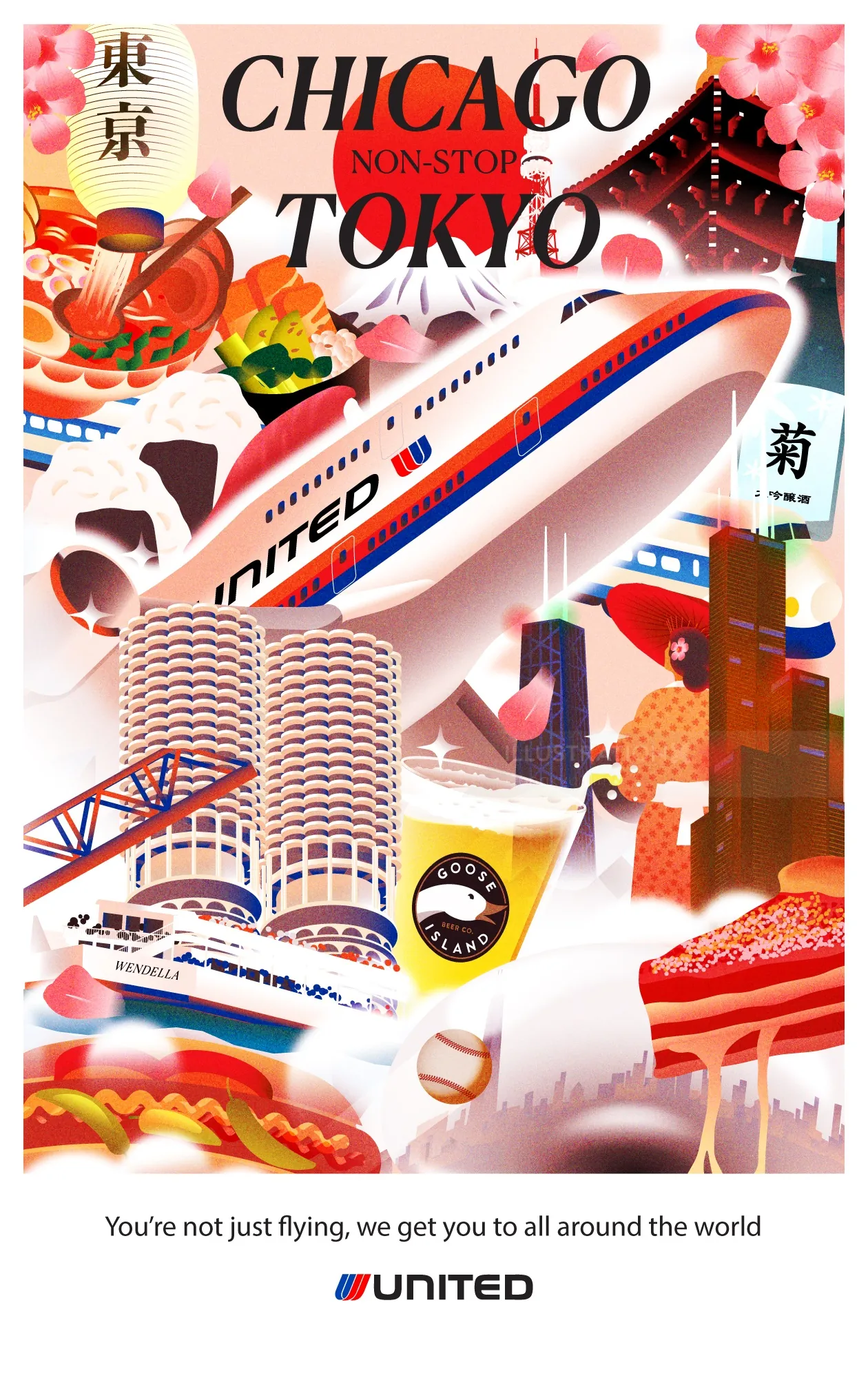 Ein Poster von Dongkyu Lim zeigt ein Flugzeug der United Airlines auf dem Flug von Chicago nach Tokio.