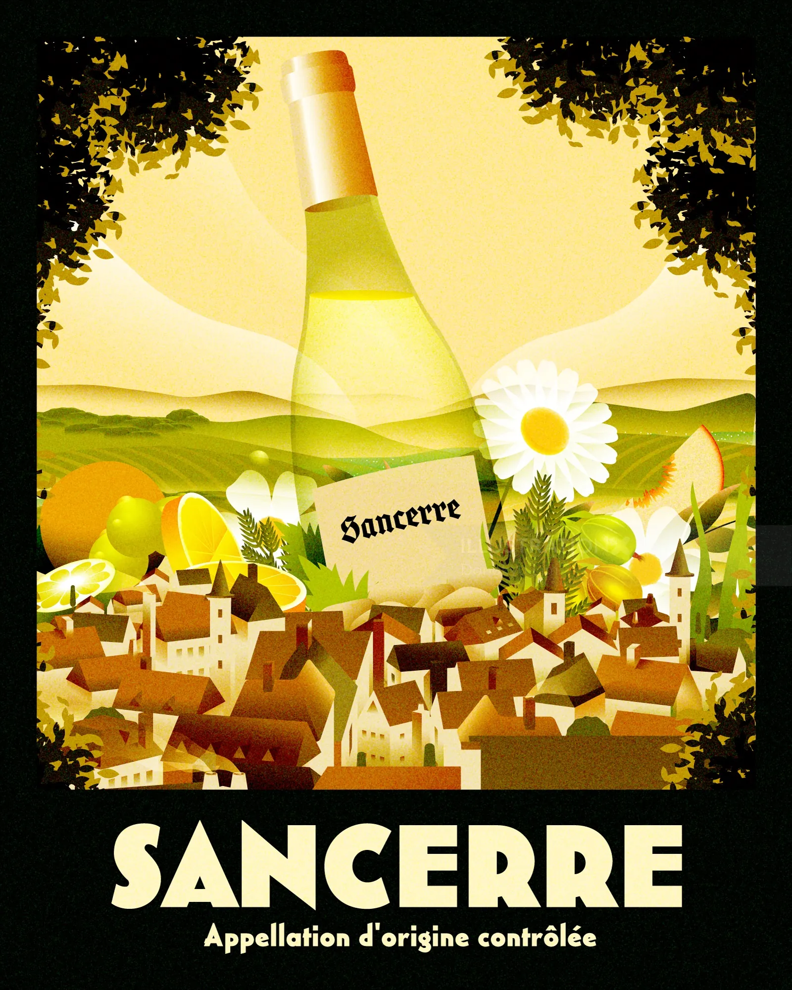 Ilustração de Dongkyu Lim de uma garrafa de Sancerre com vista para uma aldeia.