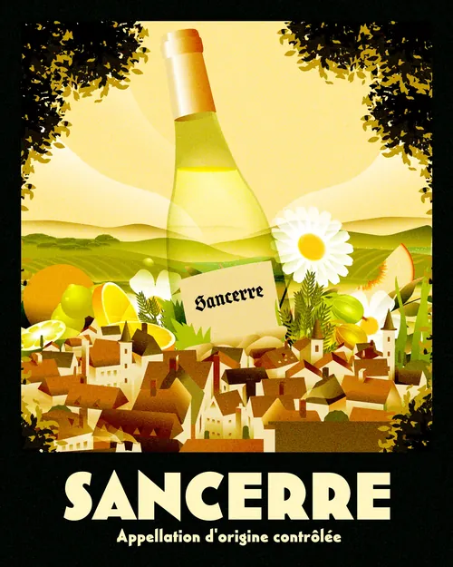 Dongkyu Lim illustration of a Sancerre bottle overlooking a village