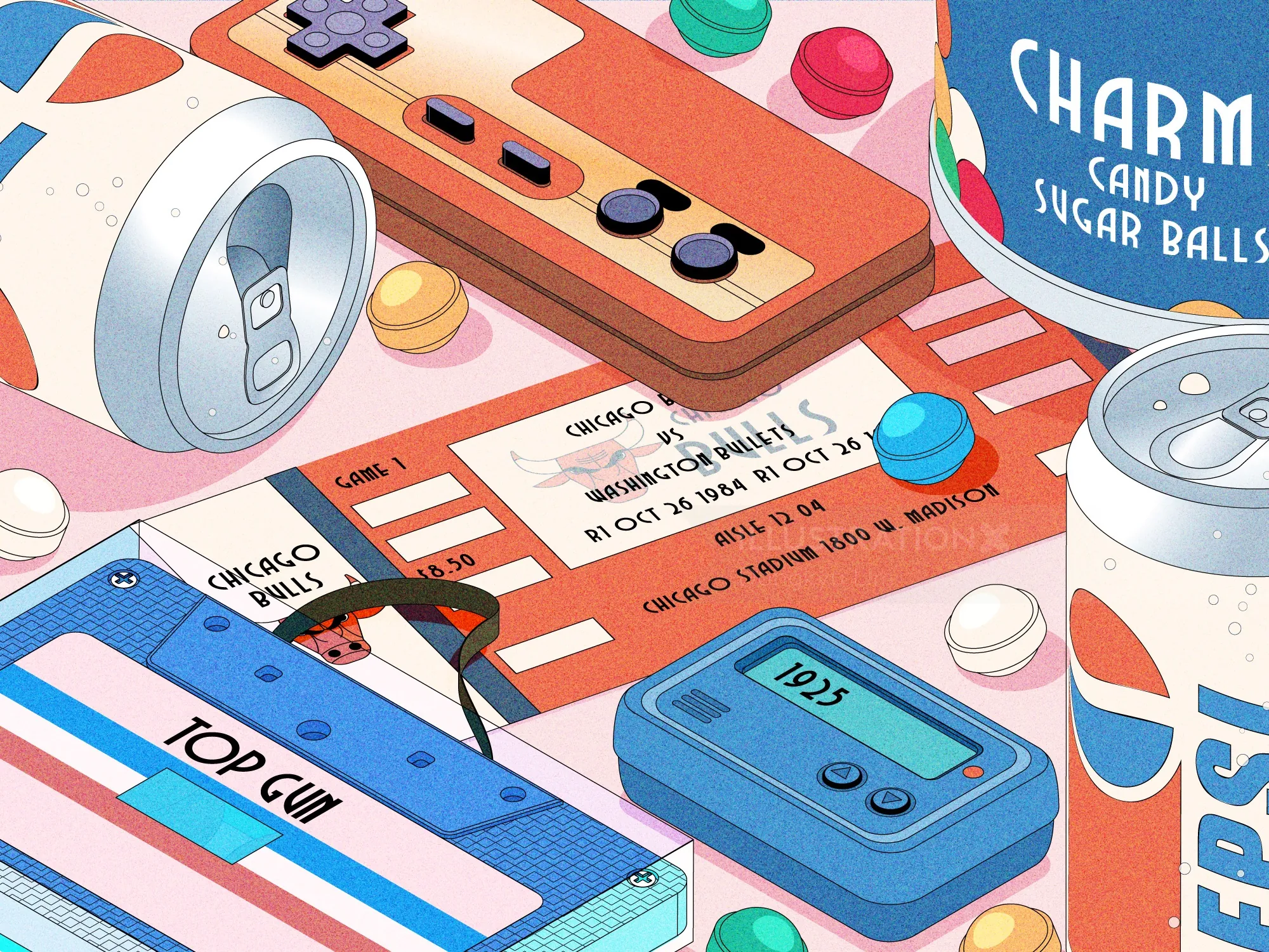 Isometric 1984 illustration by Dongkyu Lim with retro electronics and candy