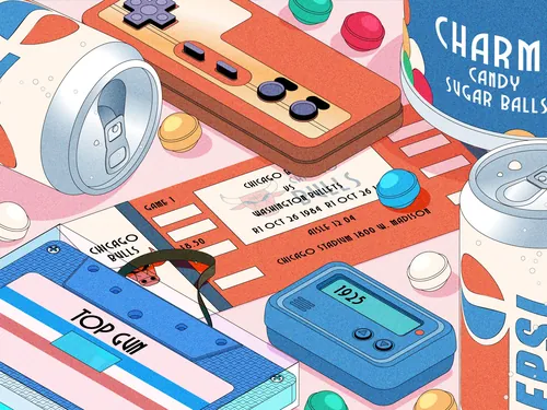 Isometric 1984 illustration by Dongkyu Lim with retro electronics and candy