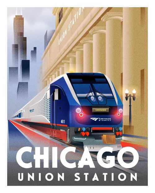 Illustration by Dongkyu Lim of an Amtrak train at Chicago Union Station