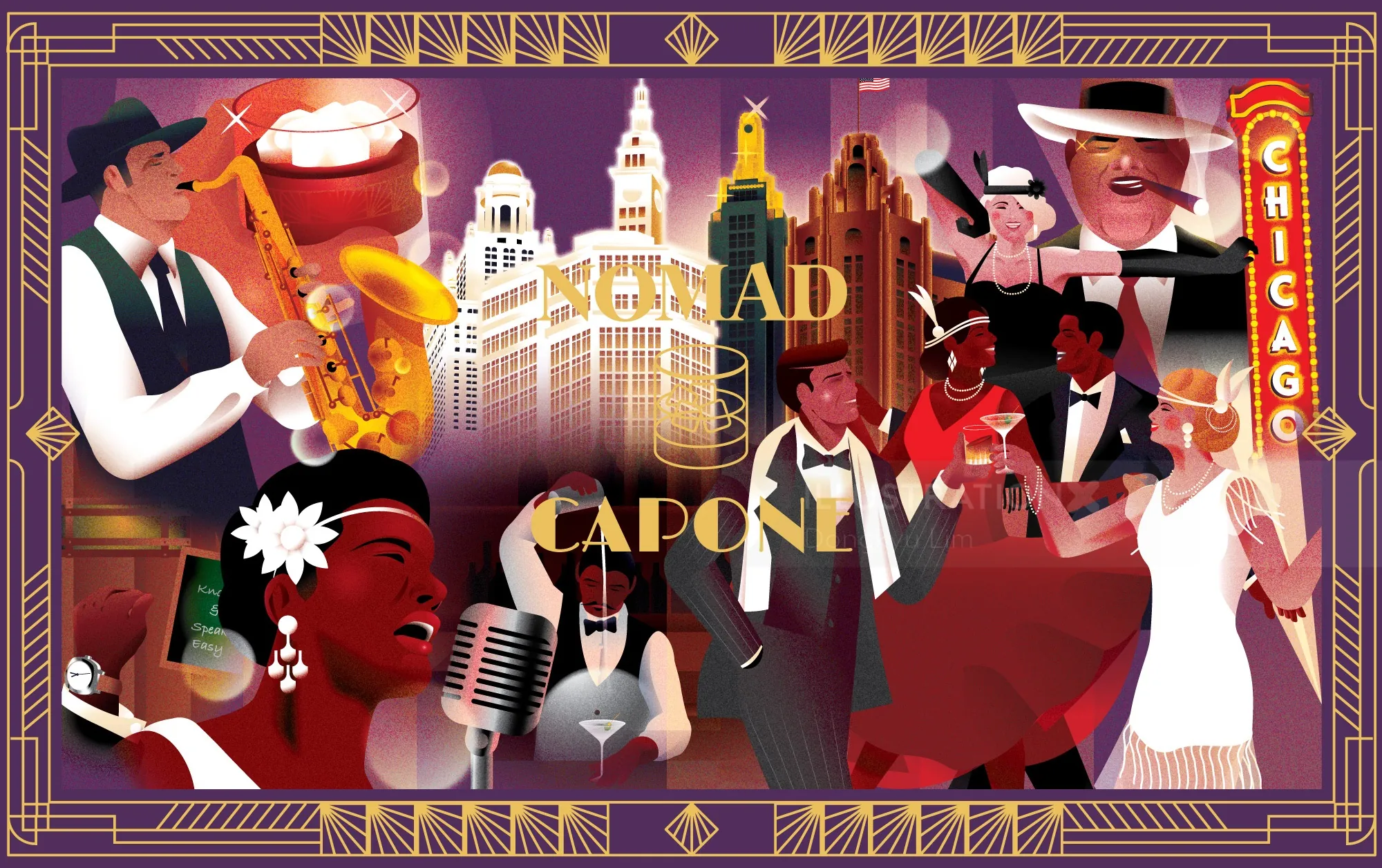 Illustration von Dongkyu Lim zum Chicagoer Nachtleben und den Wolkenkratzern der Al-Capone-Ära