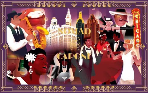 Dongkyu Lim illustration of Al Capone-era Chicago nightlife and skyscrapers