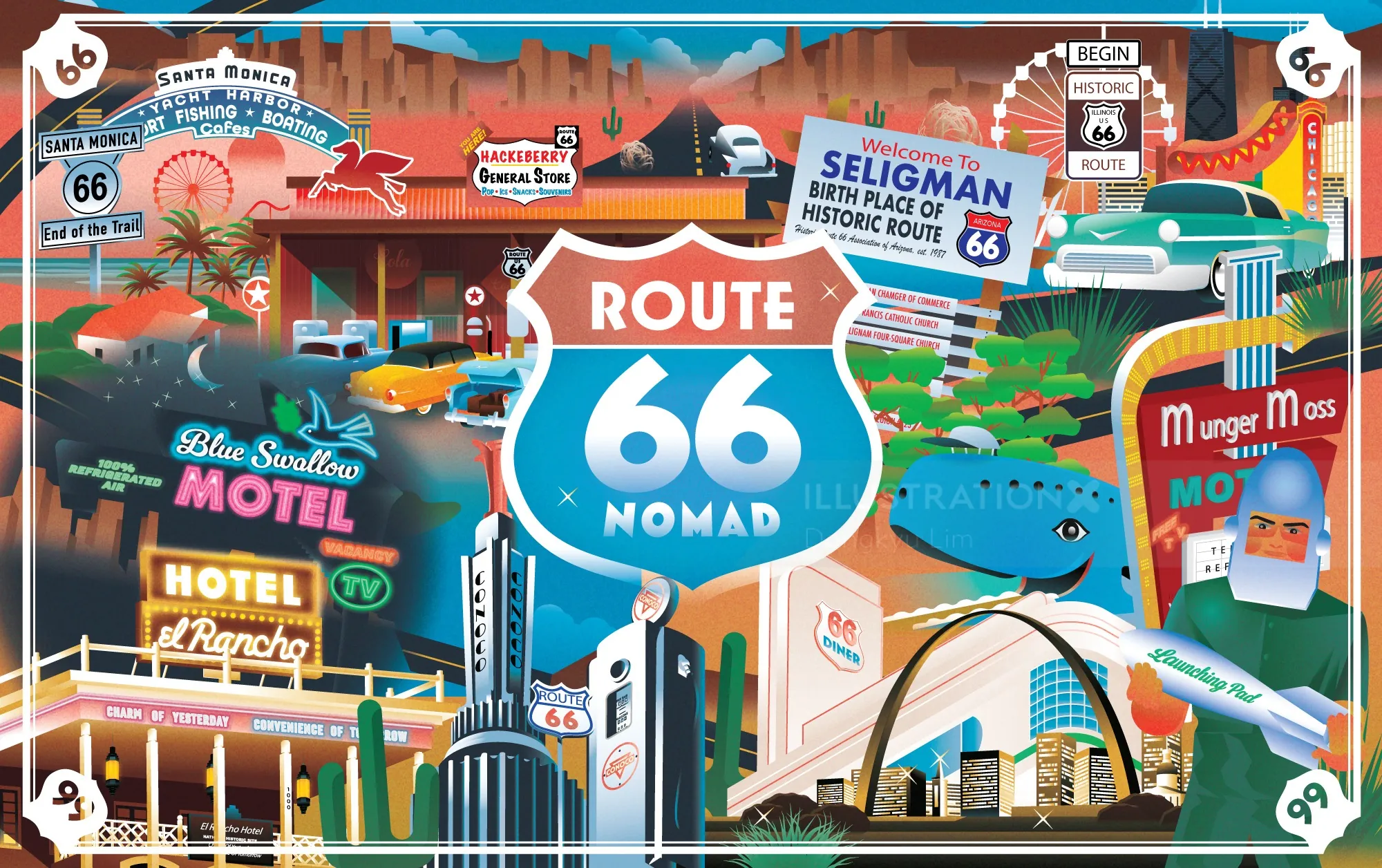 Route 66 Nomad cover illustrated by Dongkyu Lim, featuring roadside landmarks