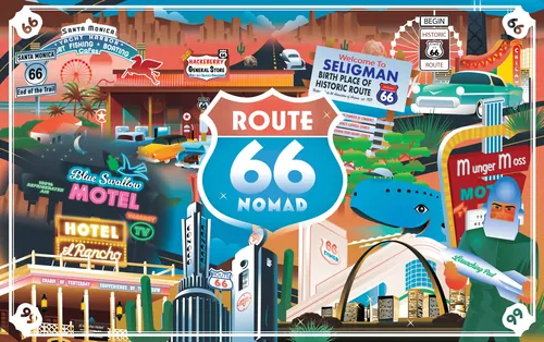 Route 66 Nomad cover illustrated by Dongkyu Lim, featuring roadside landmarks