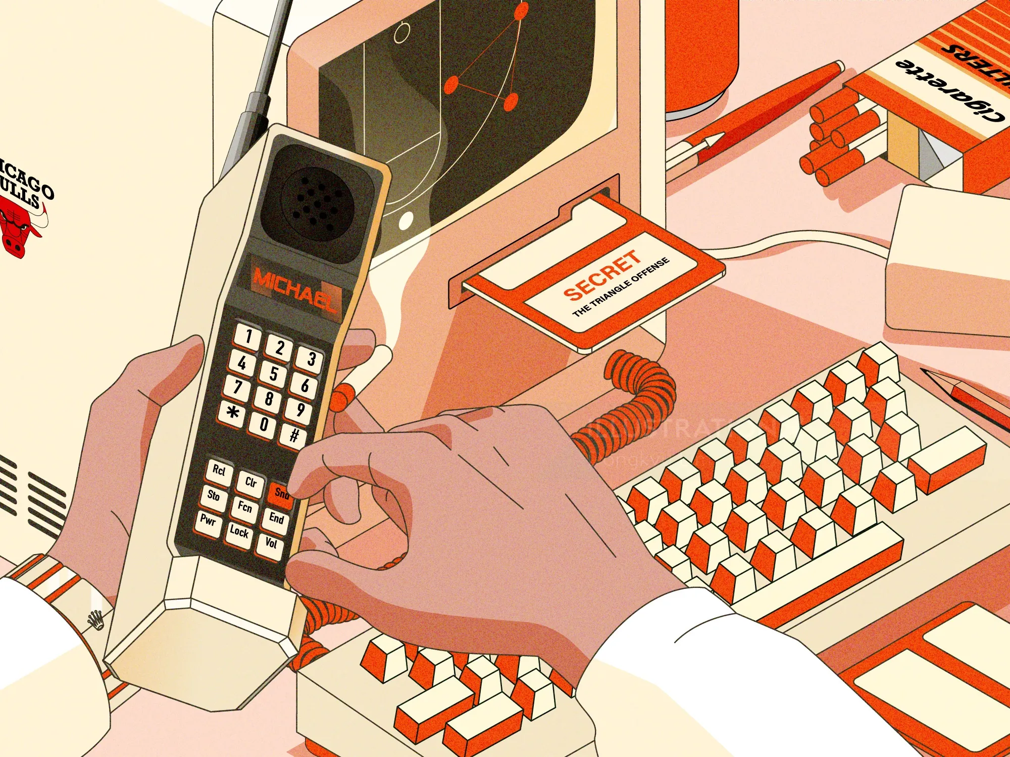 Illustration von Dongkyu Lim: Eine Hand wählt die Nummer von Michael Jordan auf einem Telefon.