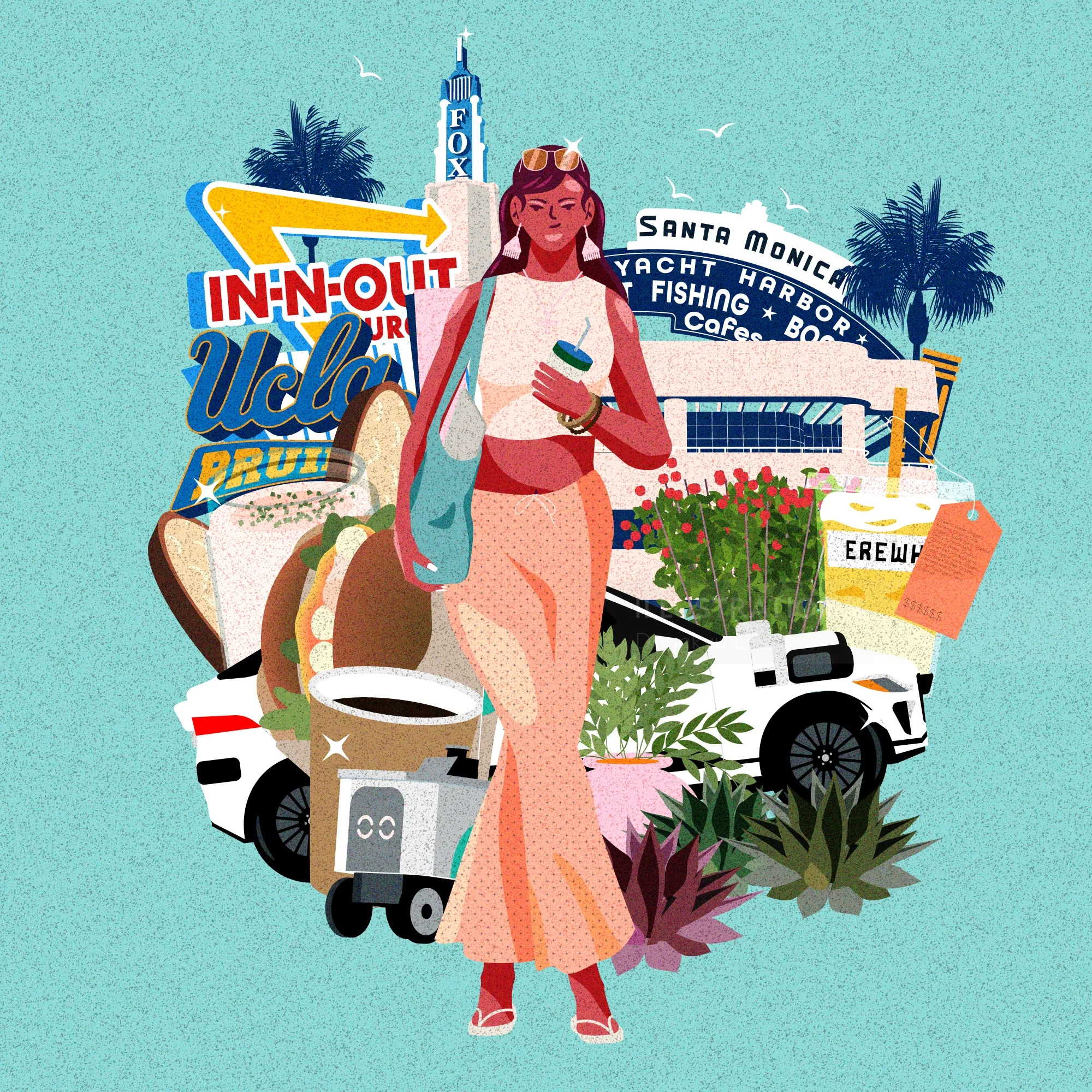 Illustration von Dongkyu Lim, die eine farbenfrohe Reiseszene aus Los Angeles darstellt