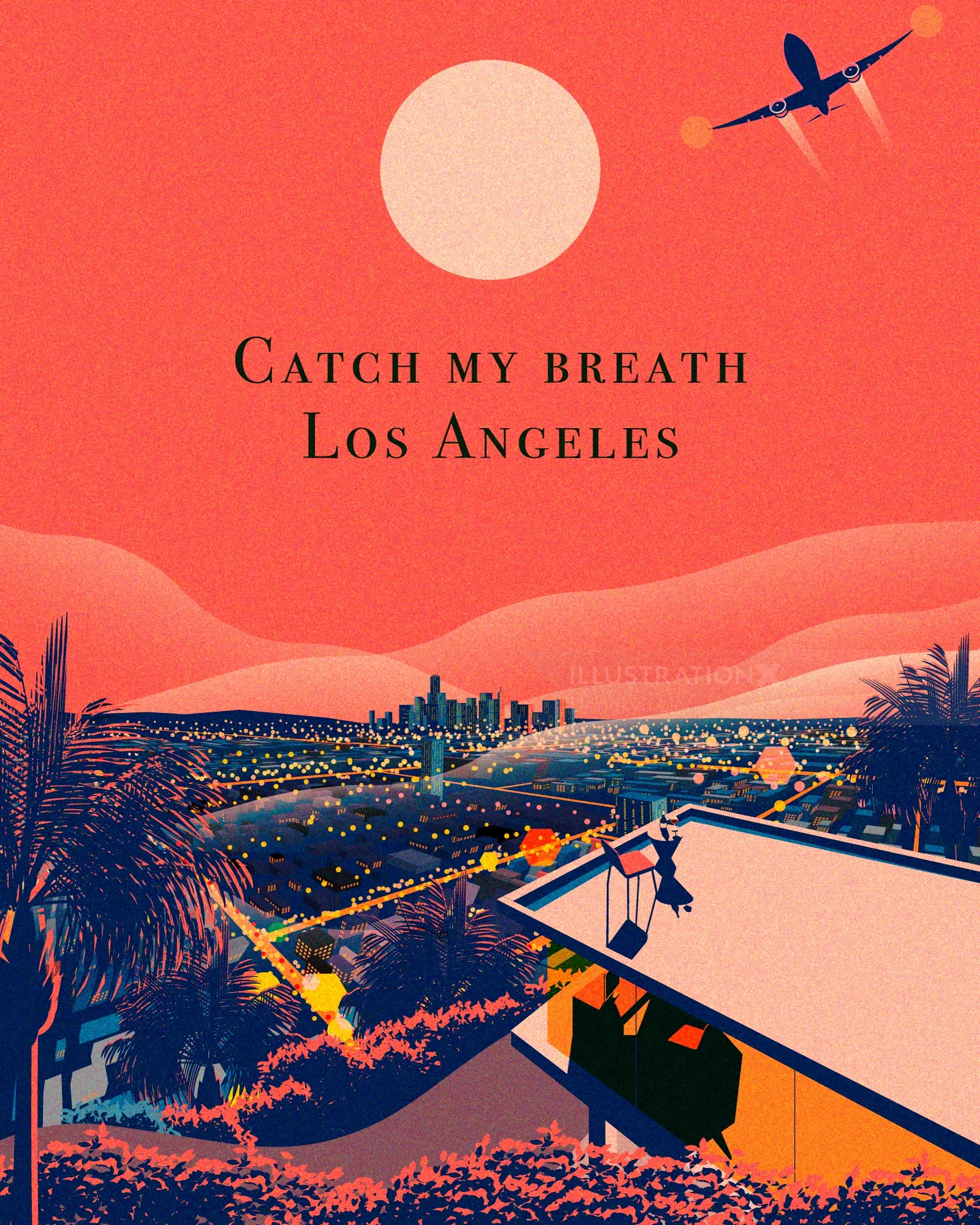 Illustration von Dongkyu Lim, die Los Angeles bei Sonnenuntergang mit einem Dach und einem Flugzeug zeigt.