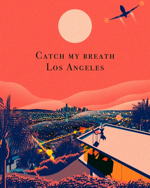 Illustration by Dongkyu Lim showing Los Angeles at sunset with a rooftop and airplane