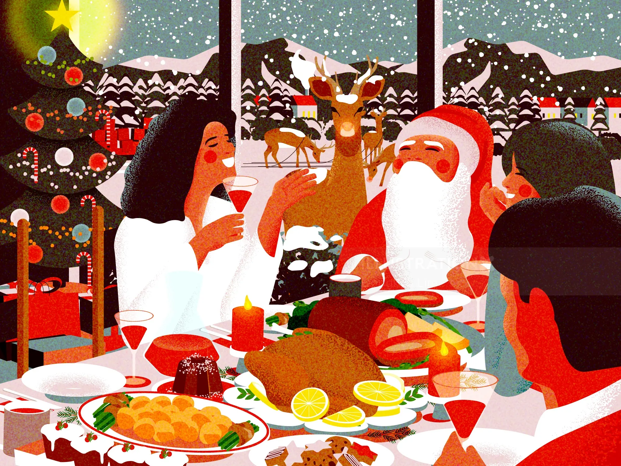 Illustration von Dongkyu Lim: Weihnachtsmann und Gäste beim gemeinsamen Weihnachtsessen