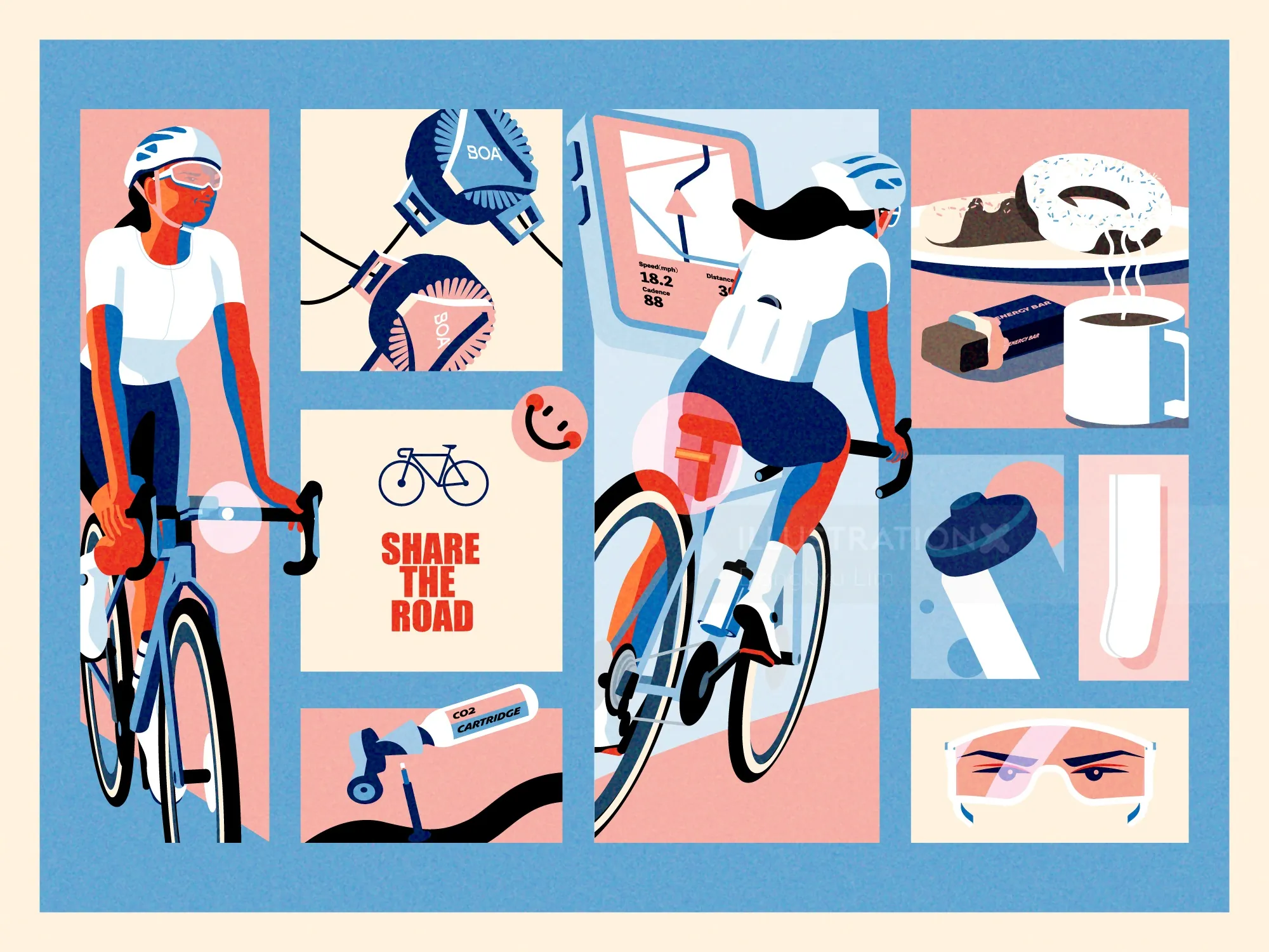 Illustration zum Thema Straßenradsport von Dongkyu Lim mit Radfahrern und Sicherheitssymbolen