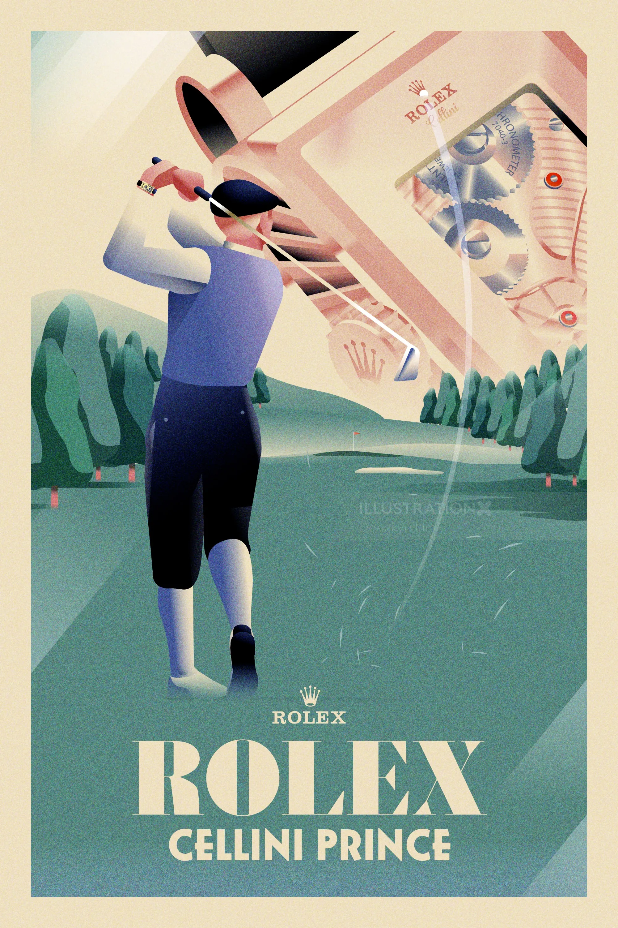 Dongkyu Lim-Poster mit einem Golfer und einer Rolex Cellini Prince-Uhr