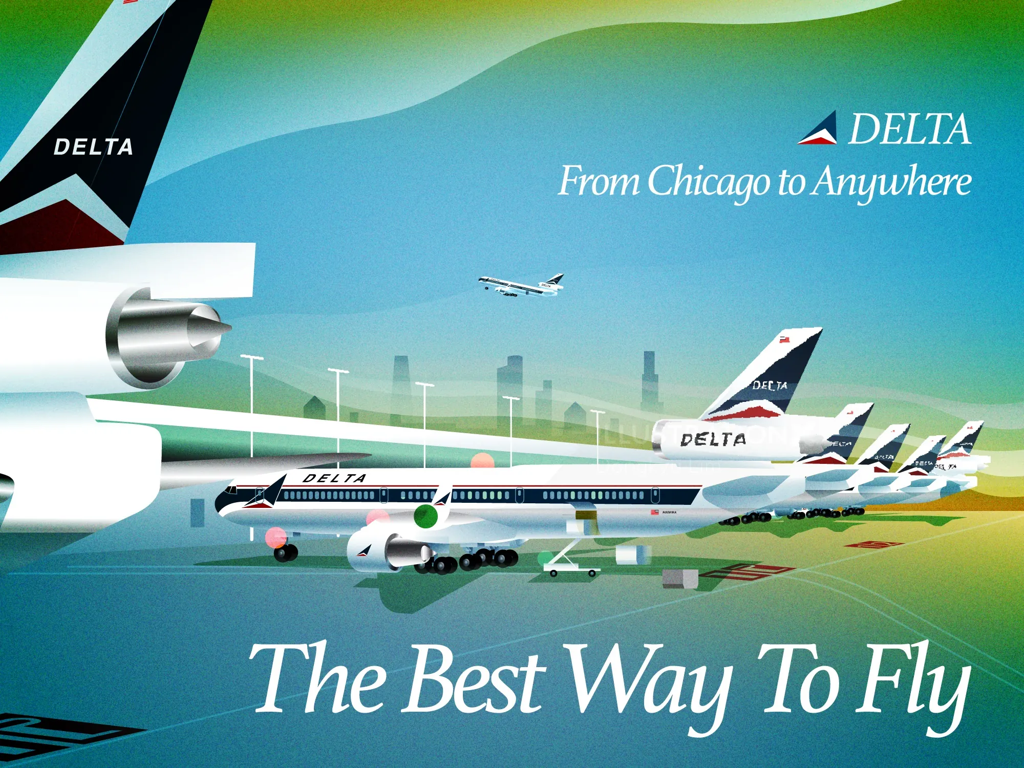 Ein Kunstwerk von Dongkyu Lim, das eine alte Reiseanzeige von Delta Airlines darstellt.