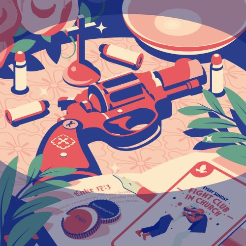 Illustration by Dongkyu Lim showing a pistol, flowers, and open books