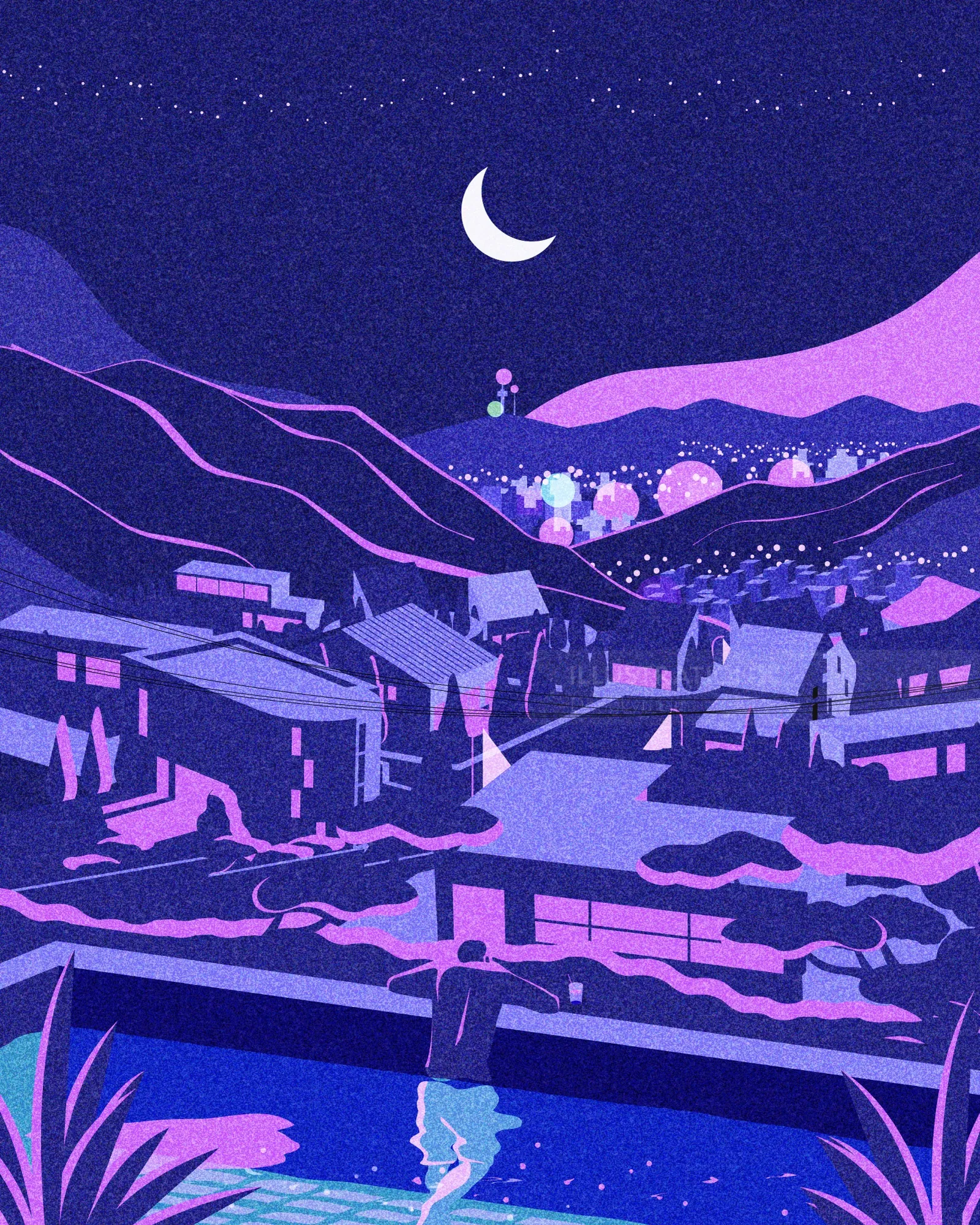 Dongkyu Lim illustration of Pyeongchang-dong under a crescent moon