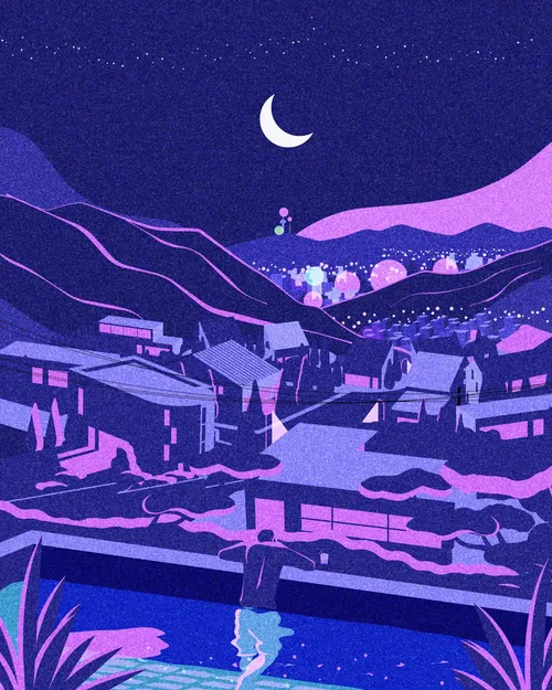 Dongkyu Lim illustration of Pyeongchang-dong under a crescent moon