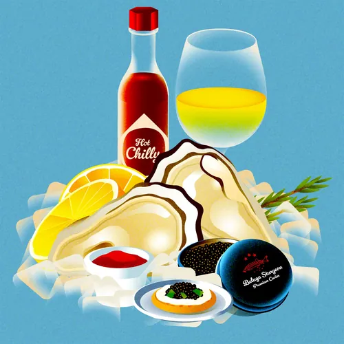 Dongkyu Lim illustration of oysters, white wine, lemon, and seafood