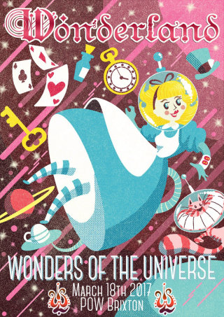 Folheto promocional ilustrado para o festival de música Wonderland no Reino Unido.