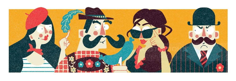 Stylized colorful portraits of four distinct characters by Donough O'Malley