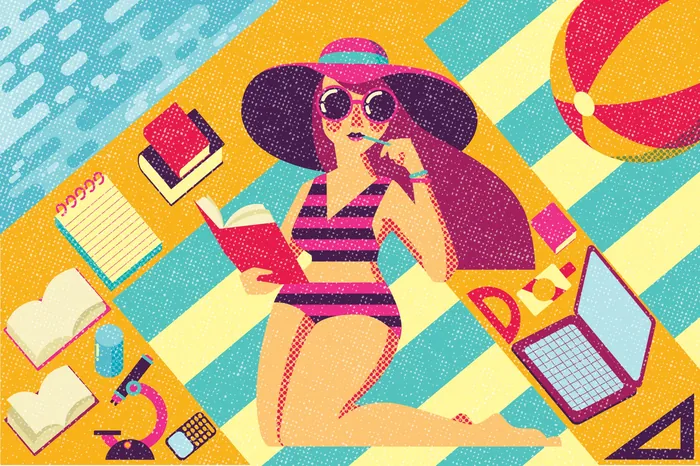 Woman in sunhat and sunglasses reading on a sunny beach by Donough O'Malley