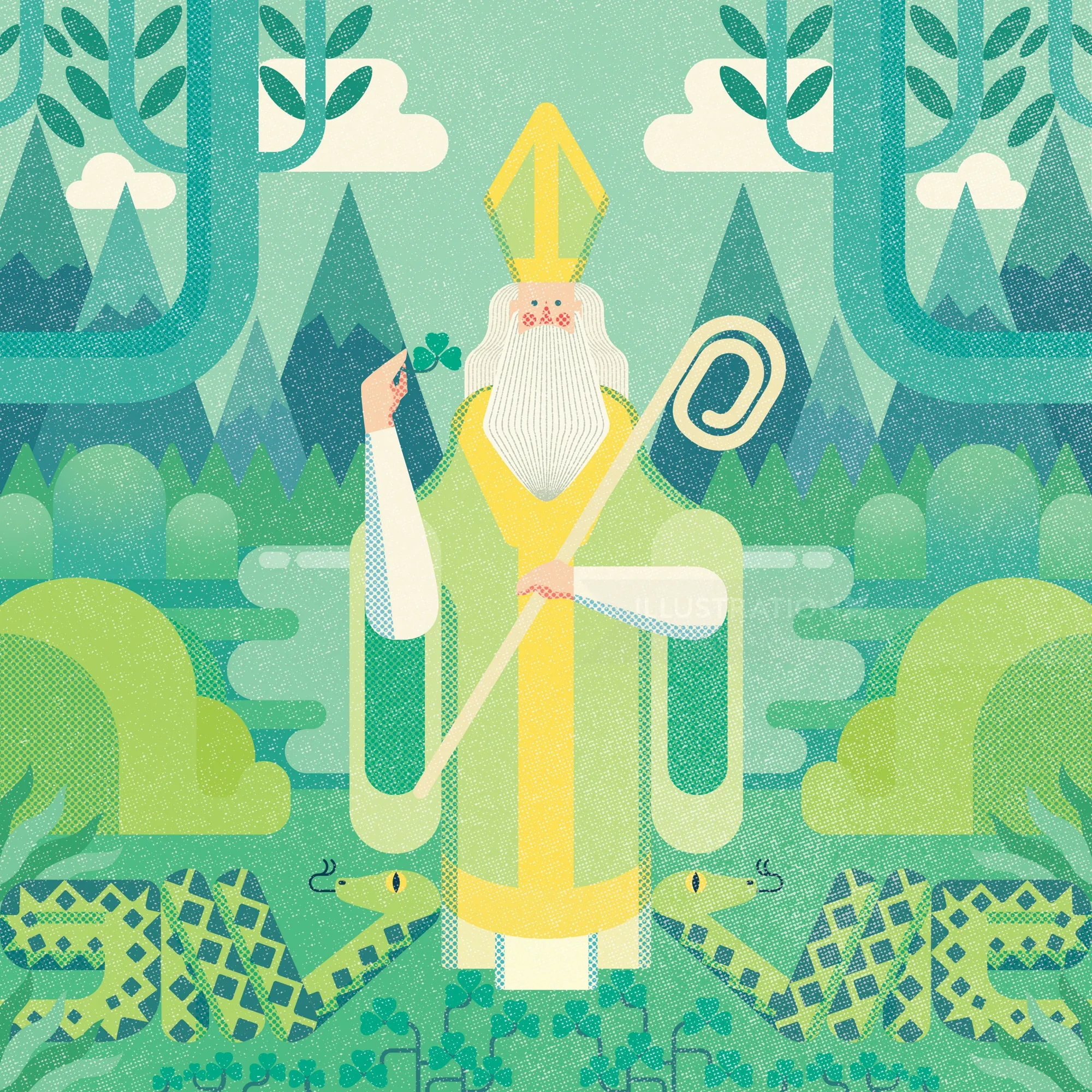 Farbenfrohe Illustration eines Heiligen mit Krummstab im Wald von Donough O'Malley