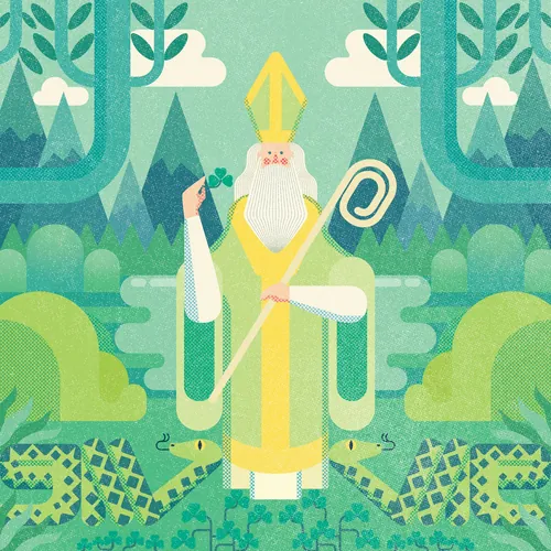 Farbenfrohe Illustration eines Heiligen mit Krummstab im Wald von Donough O'Malley
