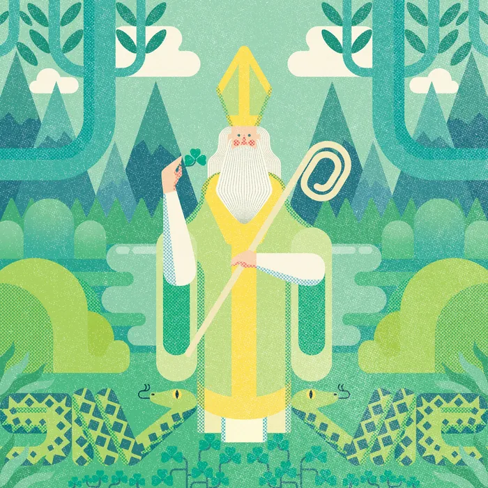 Colorful illustration of saint holding crozier in forest by Donough O'Malley
