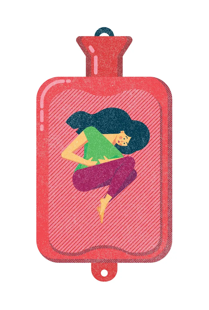 Woman curled inside a hot water bottle symbolizing discomfort or pain by Donough O'Malley