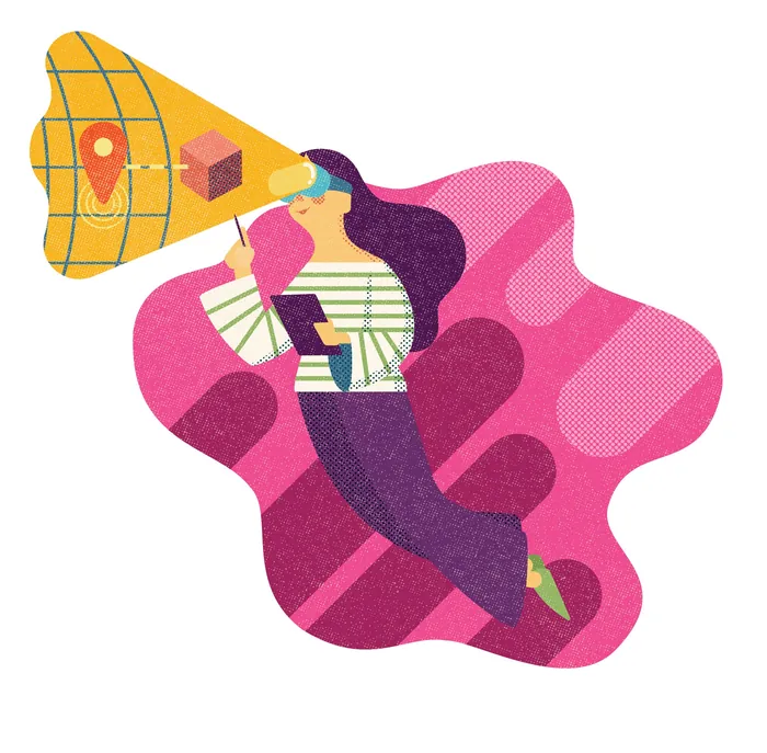 Woman wearing VR headset projecting logistics map with location pin, by Donough O'Malley