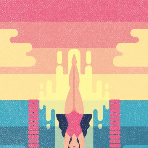 Diving woman plunging into water with colorful layers by Donough O'Malley