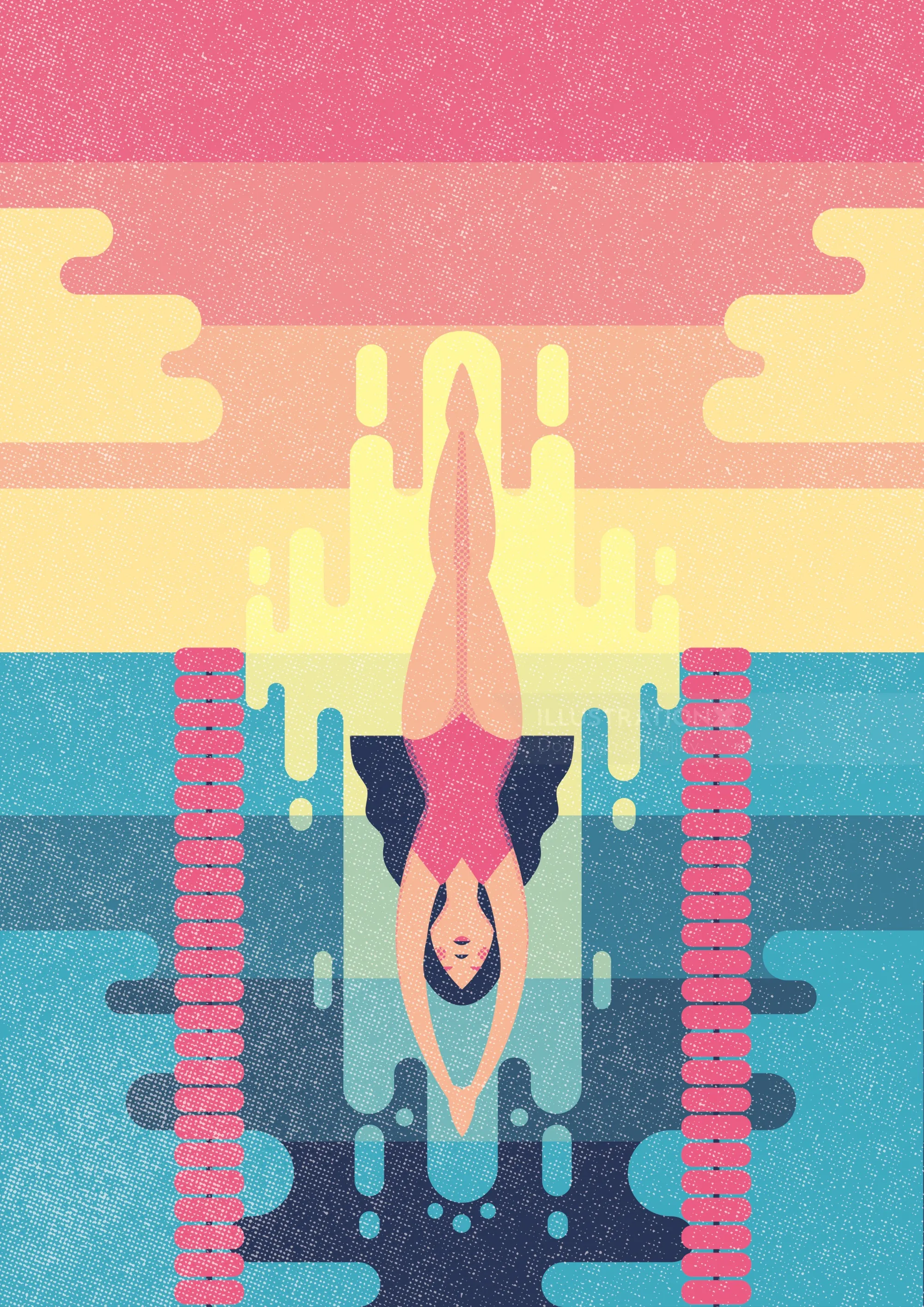 Diving woman plunging into water with colorful layers by Donough O'Malley