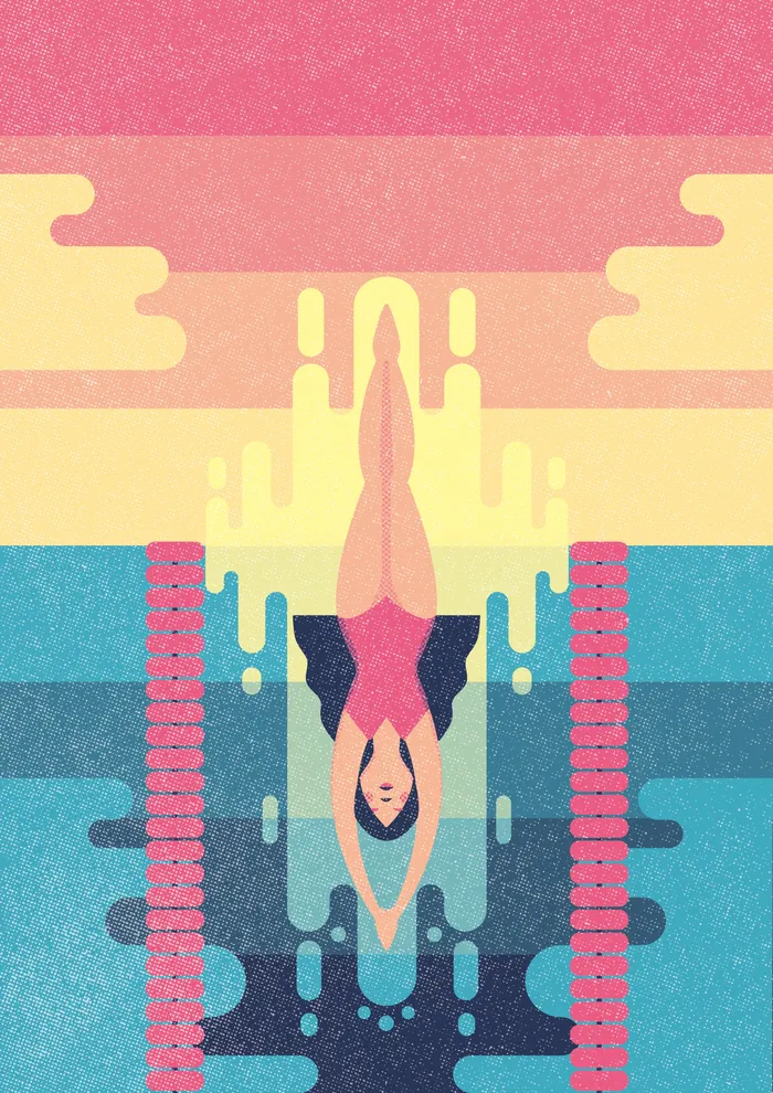 Diving woman plunging into water with colorful layers by Donough O'Malley