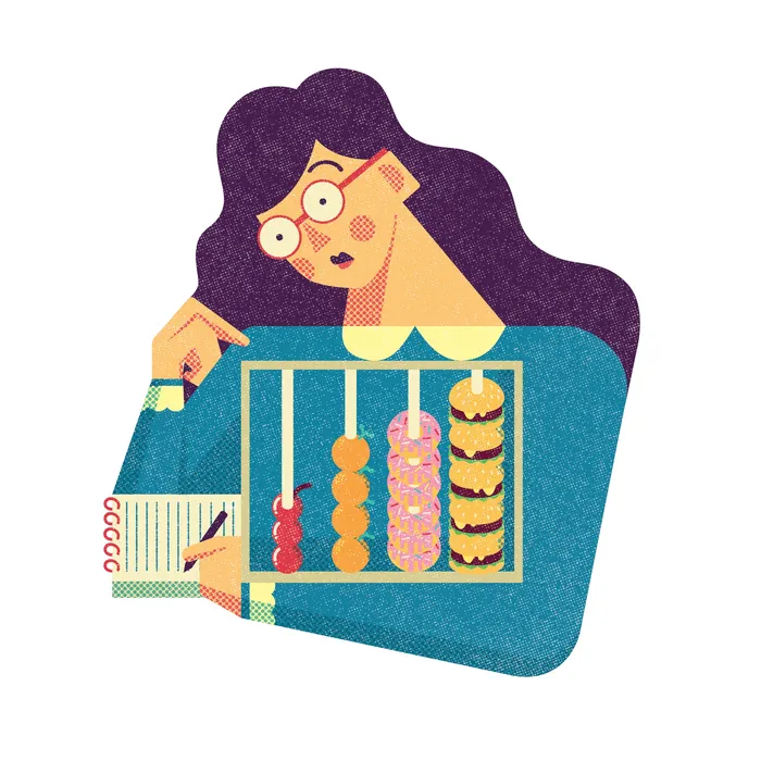 Woman with glasses examining a display of donuts, by Donough O'Malley