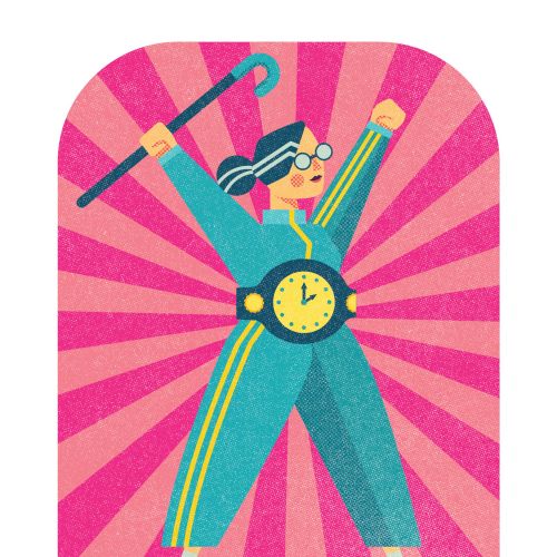Illustration of person holding cane with clock on waist by Donough O'Malley