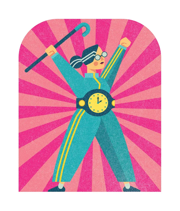 Illustration of person holding cane with clock on waist by Donough O'Malley