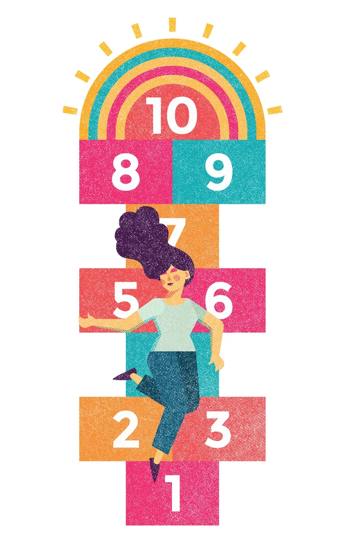 Woman playing hopscotch game with colorful numbered squares by Donough O'Malley