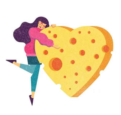 Illustration einer Frau, die einen großen herzförmigen Käse umarmt, von Donough O'Malley