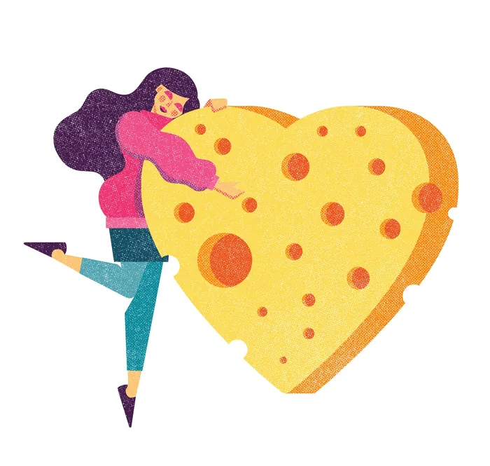 Illustration of woman hugging large heart-shaped cheese by Donough O'Malley