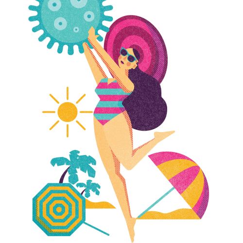 Illustration of woman in swimsuit holding virus symbol at sunny beach by Donough O'Malley