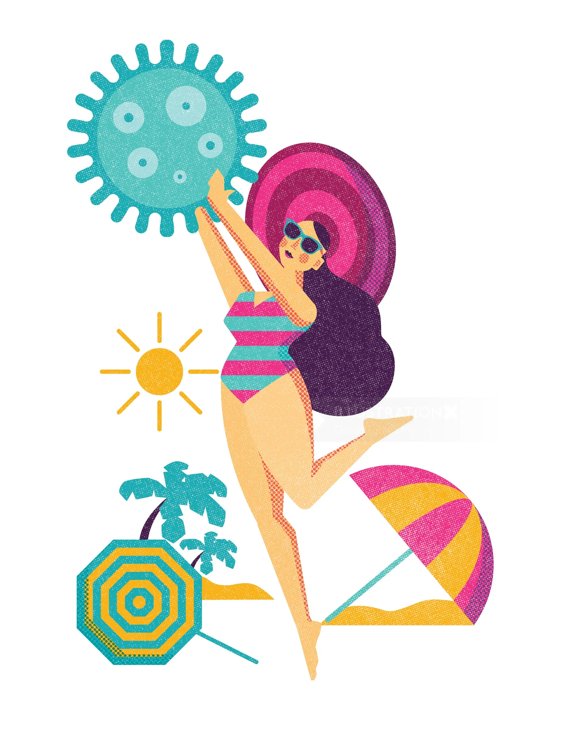Illustration of woman in swimsuit holding virus symbol at sunny beach by Donough O'Malley