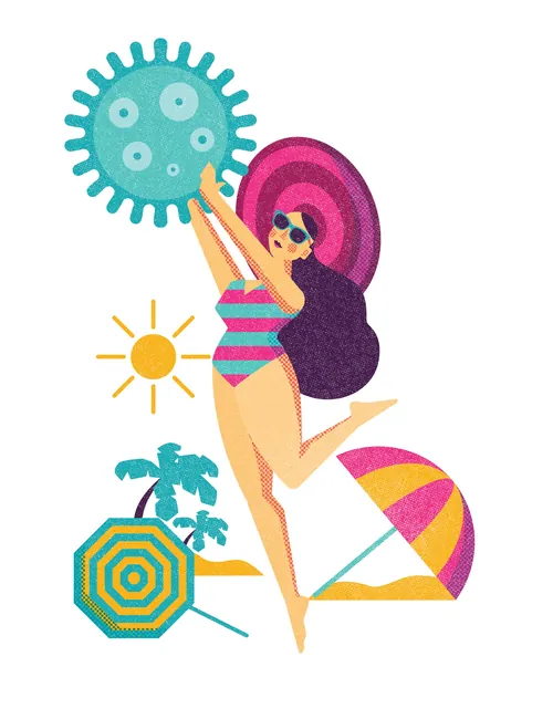 Illustration einer Frau im Badeanzug, die am sonnigen Strand ein Virussymbol hält, von Donough O'Malley