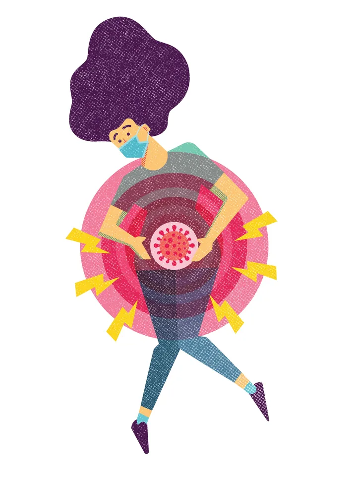 Person in mask holding red virus shape surrounded by warning signals, by Donough O'Malley