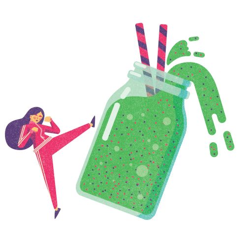 Illustration of a woman kicking a large green smoothie bottle by Donough O'Malley