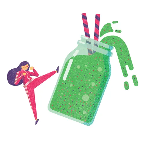Illustration einer Frau, die eine große grüne Smoothie-Flasche tritt von Donough O'Malley